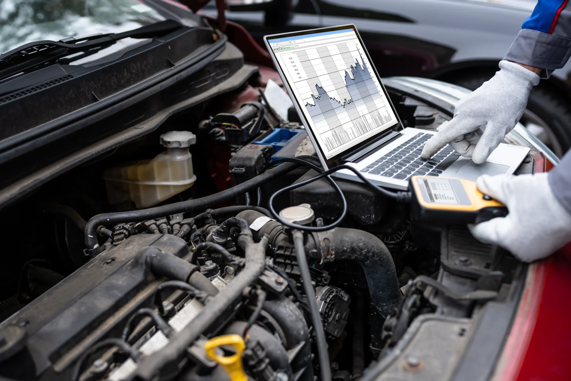 Mechanic diagnosing car engine problem.